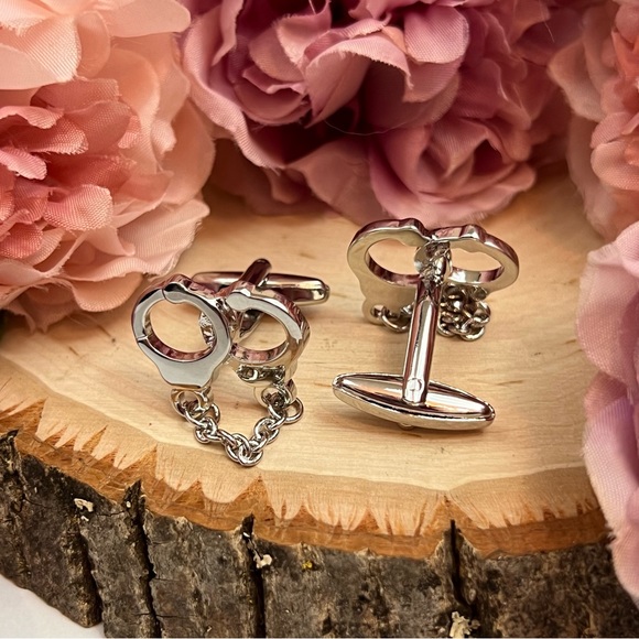 Silver Handcuff Cufflinks with Chain - Picture 7 of 14